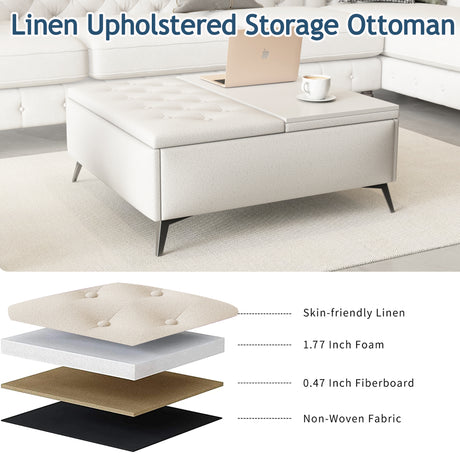 35 inch Wide Square storage benches Coffee Table with Lift Top Oversized Storage Ottoman in Upholstered for Living Room - V.I.P Digital Presence