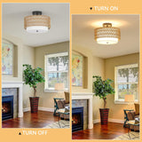 3-Light Semi Flush Mount Ceiling Light Fixture, Boho Rattan Light Fixtures Ceiling, Farmhouse Drum Light with Fabric Shade - V.I.P Digital Presence