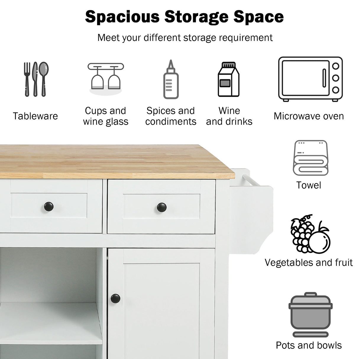 Kitchen trolley with rubber wood leaf countertop, 5-wheel kitchen island, storage cabinet and 3 dining drawers, white - V.I.P Digital Presence