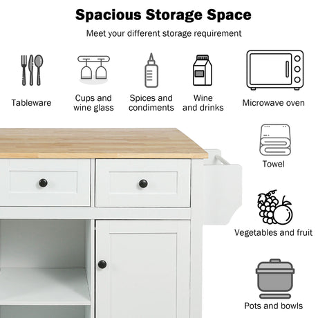 Kitchen trolley with rubber wood leaf countertop, 5-wheel kitchen island, storage cabinet and 3 dining drawers, white - V.I.P Digital Presence