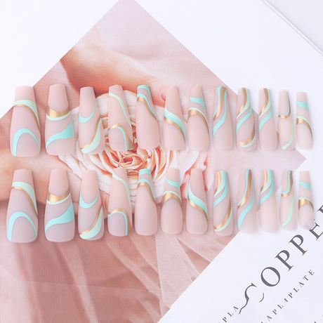 Gold Line Wave Pattern Long Ballet Nail Printed Gold Frosted Manicure Ins Matte Pop Style Contrast Color Wearing Nail - V.I.P Digital Presence