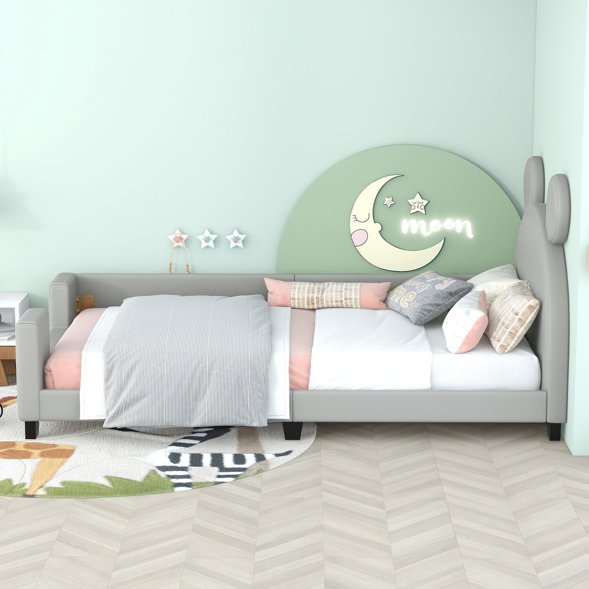 Twin Size Upholstered Daybed with Carton Ears Shaped Headboard  Grey