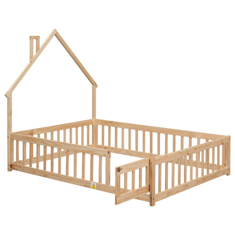 Full House-Shaped Headboard Floor Bed with Fence Natural - V.I.P Digital Presence
