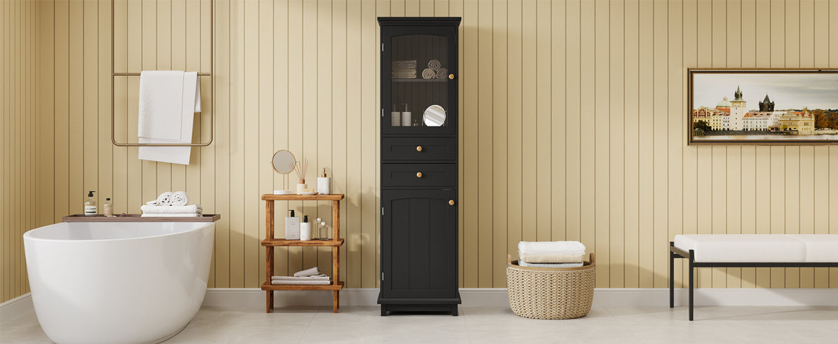 Tall Bathroom Storage Cabinet with Glass Doors, Free-Standing, Two Drawers, and Adjustable Shelves, MDF Board, Painted Black - V.I.P Digital Presence