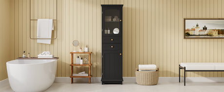 Tall Bathroom Storage Cabinet with Glass Doors, Free-Standing, Two Drawers, and Adjustable Shelves, MDF Board, Painted Black - V.I.P Digital Presence