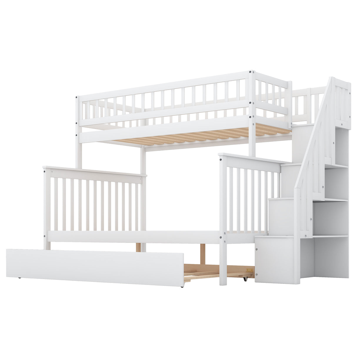 Twin over Full Bunk Bed with Trundle and Staircase White - V.I.P Digital Presence