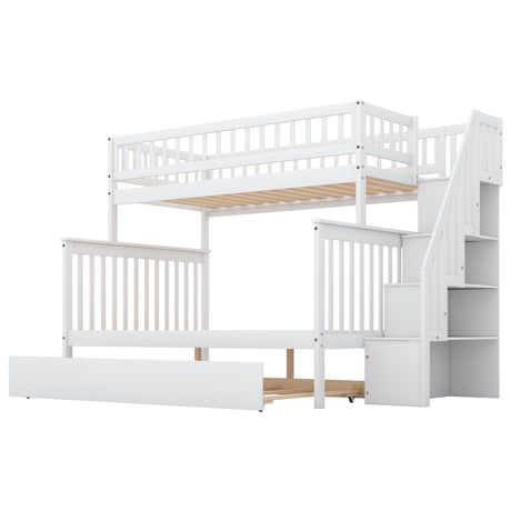 Twin over Full Bunk Bed with Trundle and Staircase White - V.I.P Digital Presence
