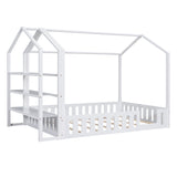 Full Size Wood House Bed with Fence and Detachable Storage Shelves, White