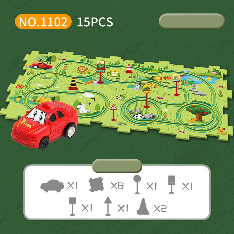 Montaje de bricolaje de un coche de pista de rompecabezas para niños con varios escenarios de construcción de mapas de la ciudad, coche de pista de rompecabezas eléctrico