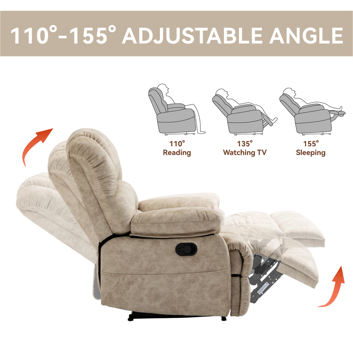 Large Manual Recliner Chair in Fabric for Living Room, Beige - V.I.P Digital Presence