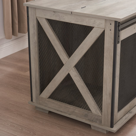 Farmhouse Dog Cage Crate Furniture with Sliding Barn Door, Farmhouse Wooden Dog Kennel End Table with Flip-top Plate Dog House - V.I.P Digital Presence