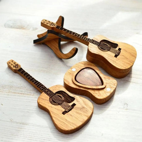 Wooden Acoustic Guitar Pick Box with Stand Smooth Edge Burr-Free Portable Handcrafted Guitar Picks Storage Container - V.I.P Digital Presence