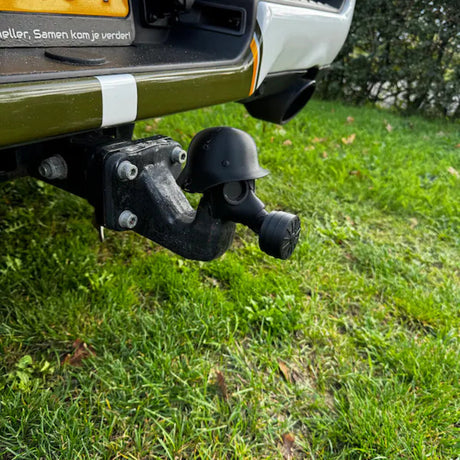3D - printed trailer hitch cover with steel helmet and gas mask design. Protects the receiver tube from rusting. - V.I.P Digital Presence