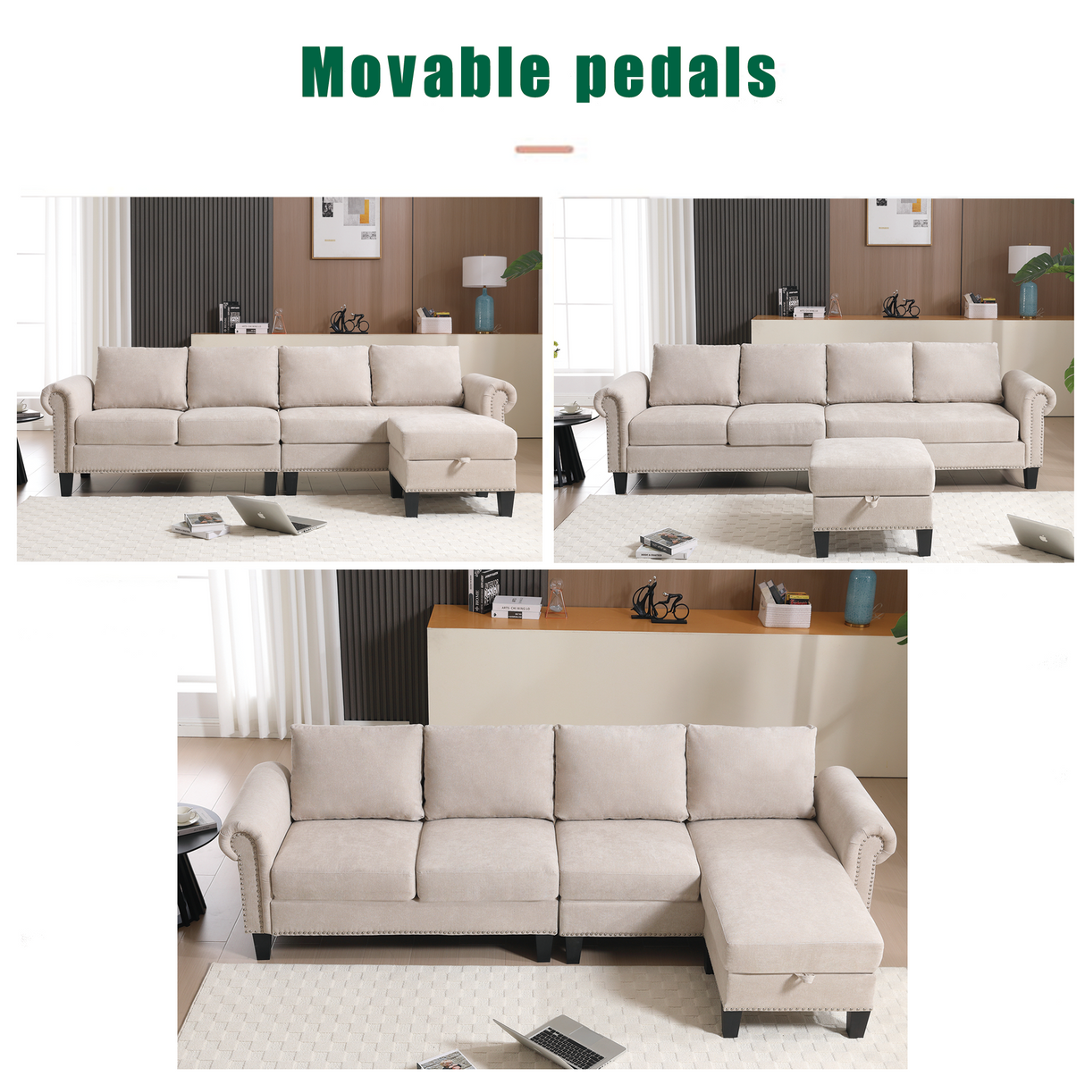 Convertible Sectional Sofa with Storage,L-shaped sofa,Four-seater sofa,Modern Linen Fabric Sectional Couches Beige - V.I.P Digital Presence