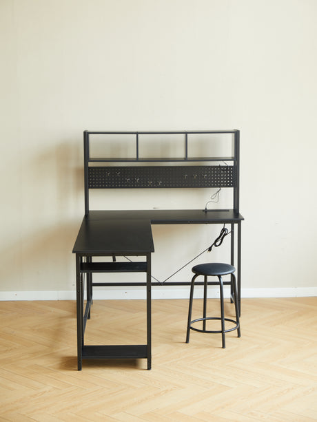 94.5 Inch Home Office Desk L shape gaming desk with LED storage Shelves METAL PANNEL and stool (BLACK) - V.I.P Digital Presence