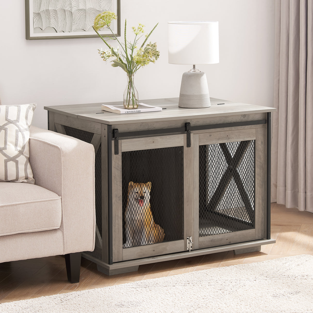 Farmhouse Dog Cage Crate Furniture with Sliding Barn Door, Farmhouse Wooden Dog Kennel End Table with Flip-top Plate Dog House - V.I.P Digital Presence