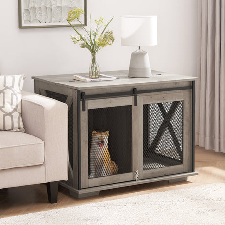 Farmhouse Dog Cage Crate Furniture with Sliding Barn Door, Farmhouse Wooden Dog Kennel End Table with Flip-top Plate Dog House - V.I.P Digital Presence