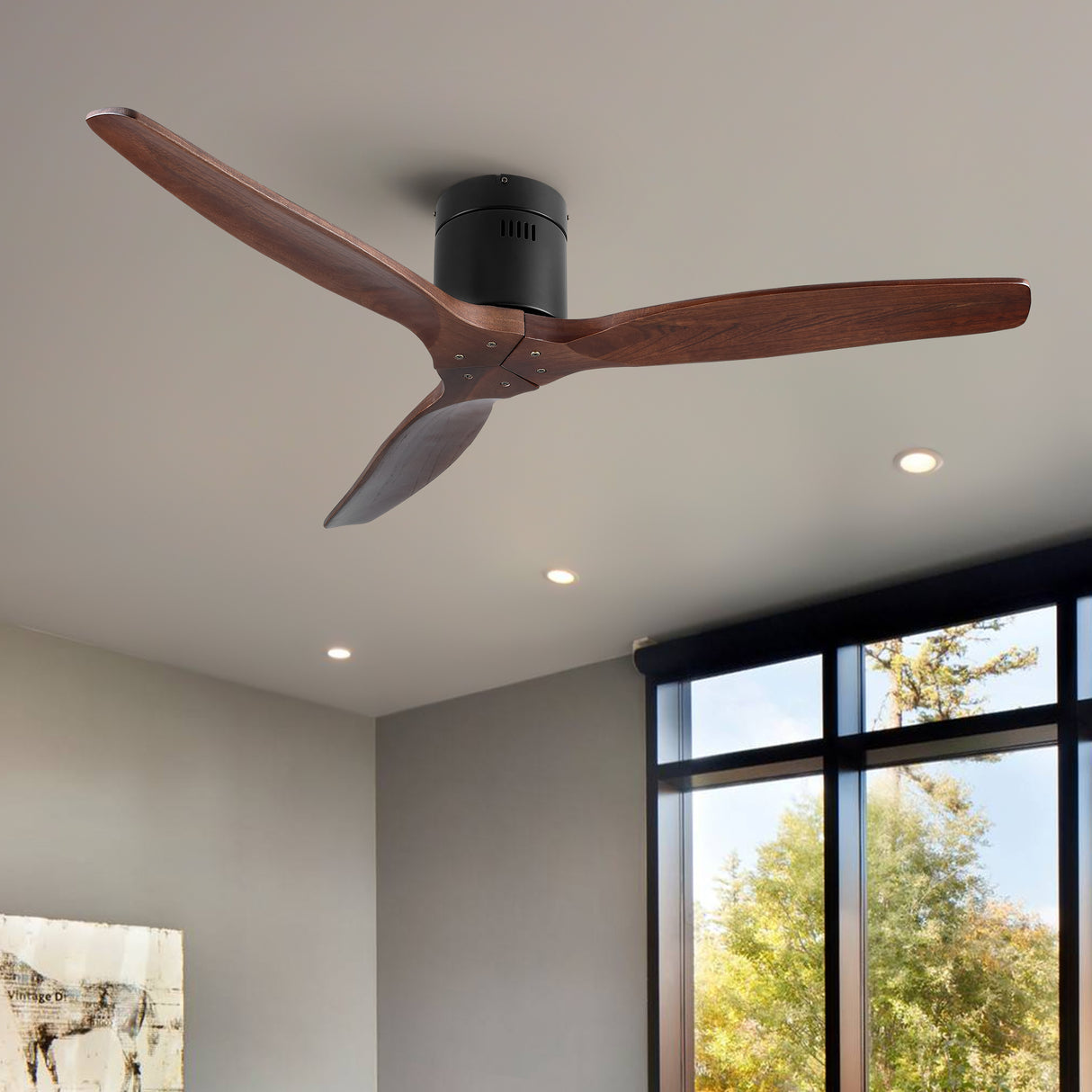 52" YUHAO Farmhouse Rustic Ceiling Fan without Light - Matte Black with Solid Wood Blade - V.I.P Digital Presence