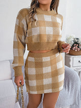 Plaid Knit Top & Skirt Sweater Set