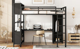 Metal loft bed with wardrobe and L-shaped desk, full-size loft bed with storage cabinet and shelf, heavy-duty loft bed, black - V.I.P Digital Presence