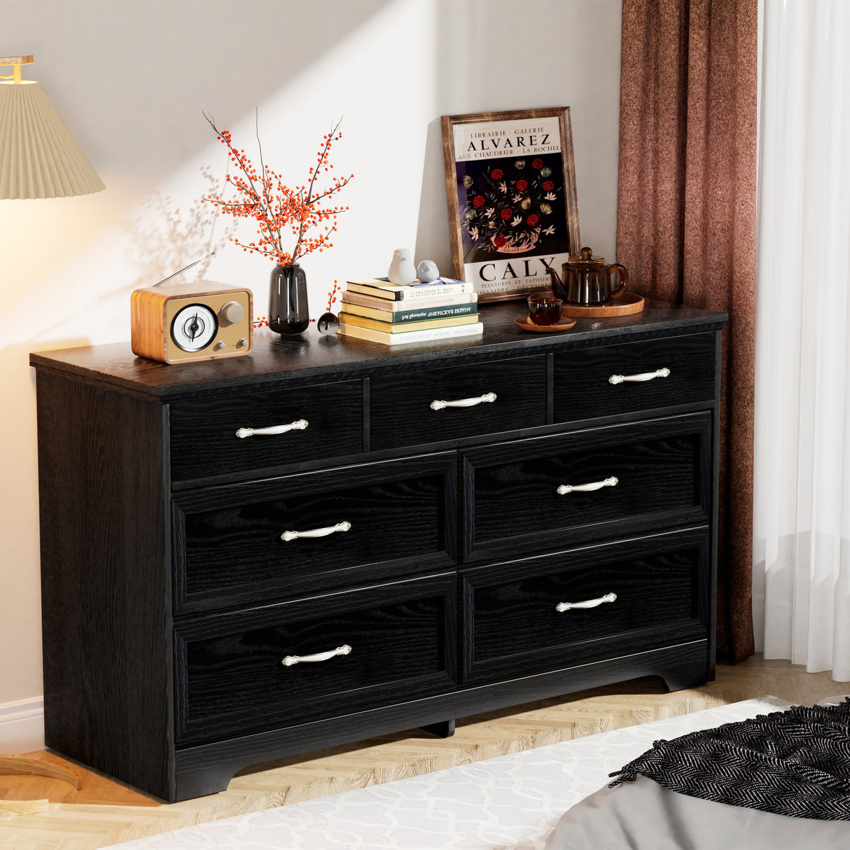 Modern 3 Drawer Bedroom Chest of Drawers with 7 Drawers Dresser, Clothes Organizer -Metal Pulls Black, 47.6″L x 15.7″W x 26.6″H - V.I.P Digital Presence