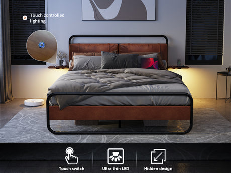 King Size Metal Bed Frame with Upholstered Headboard, with wireless charging and USB A & USB C, Touch LED light Vintage Brown - V.I.P Digital Presence