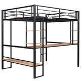 Full Size Loft Metal&MDF Bed with Long Desk and Shelves Black