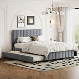 Queen Size Velvet Upholstered Platform Bed with 2 Drawers and 1 Twin XL Trundle- Gray - V.I.P Digital Presence