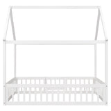 Full Size Wood House Bed with Fence and Door White Wash