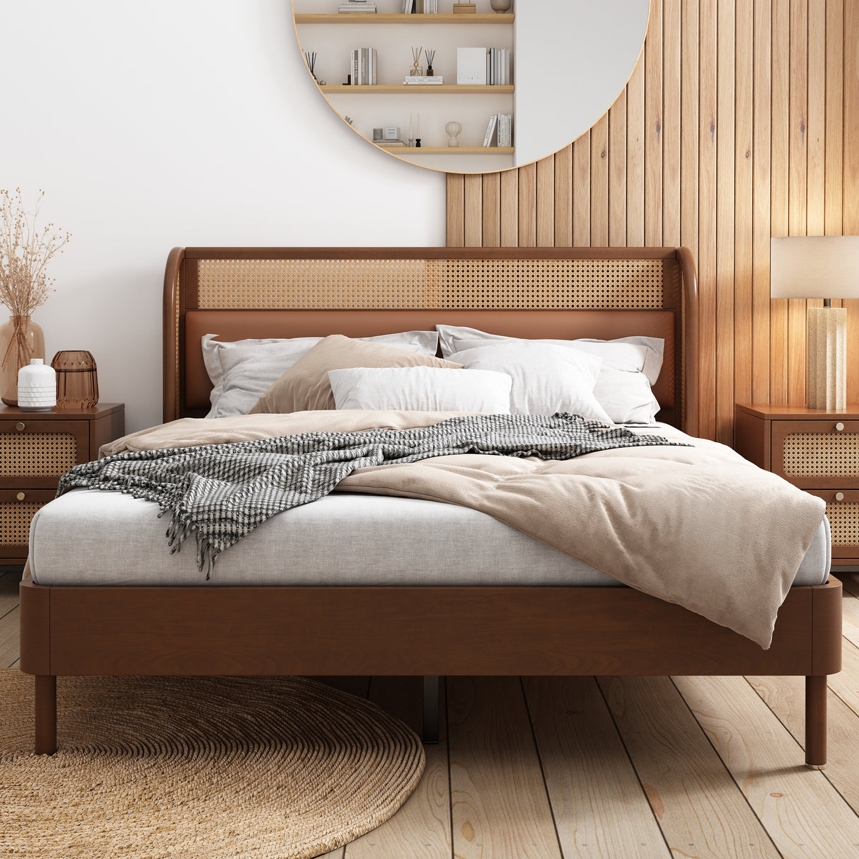 Modern Cannage Rattan Wood Platform Queen Bed Walnut