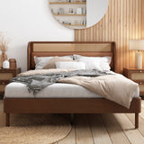 Modern Cannage Rattan Wood Platform Queen Bed Walnut