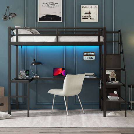 Full sized loft bed with L-shaped desk and USB, metal loft bed with wardrobe and adjustable shelf, black color - V.I.P Digital Presence