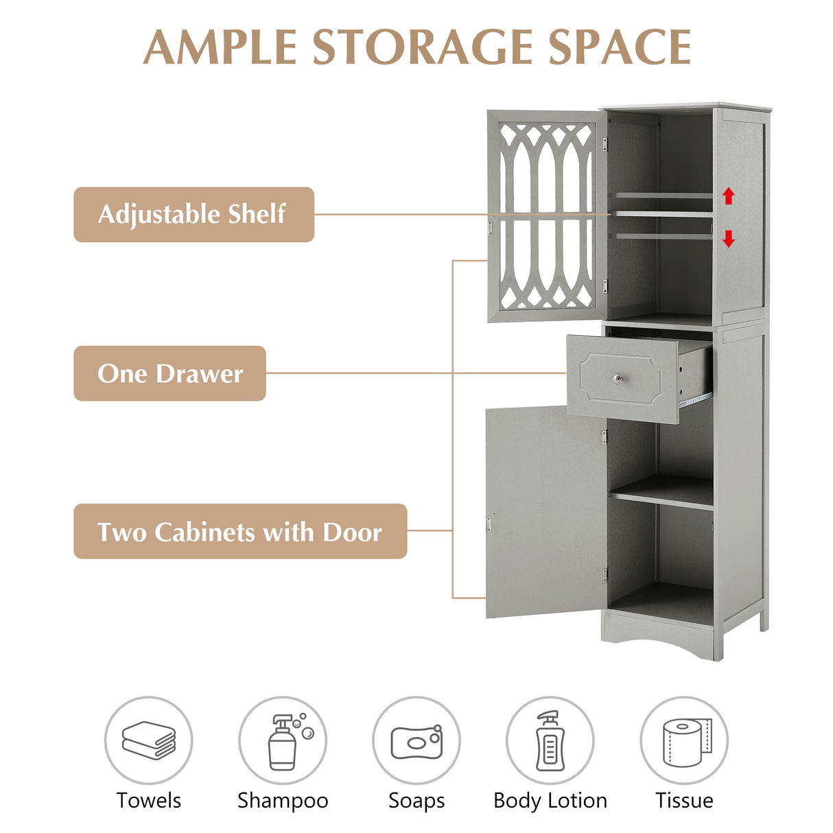 Tall Bathroom Cabinet, Freestanding Storage Cabinet with Drawer and Doors, MDF Board, Acrylic Door, Adjustable Shelf, Grey - V.I.P Digital Presence