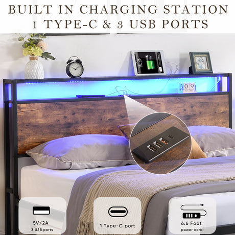 Full size bedstead with storage headboard and 2 drawers, LED light bed with charging station, metal Flat noodles support - V.I.P Digital Presence