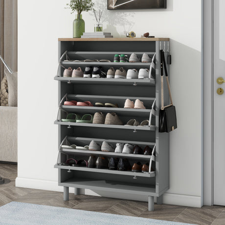 ON-TRANS narrow design shoe cabinet with 3 flip drawers and 3 independent shoe racks with 3 hooks, gray - V.I.P Digital Presence