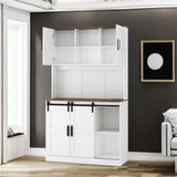 Farmhouse Bar Cabinet with Sliding Barn Door, Large Kitchen BuffetRustic Coffee Bar Sideboard Table,White - V.I.P Digital Presence