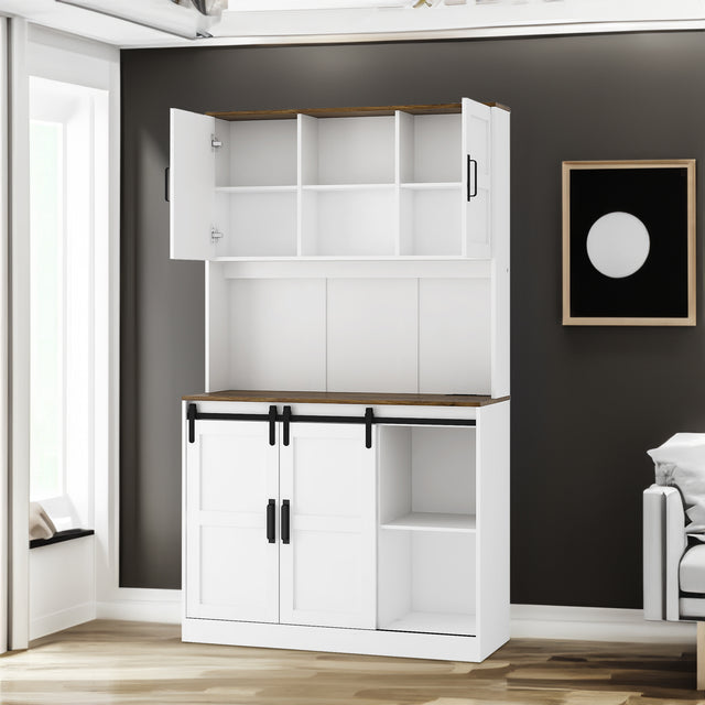 Farmhouse Bar Cabinet with Sliding Barn Door, Large Kitchen BuffetRustic Coffee Bar Sideboard Table,White - V.I.P Digital Presence