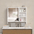 Modern 32x28 inch bathroom storage cabinet with mirrors, LED lights, multi-layer storage compartments, and towel racks - V.I.P Digital Presence