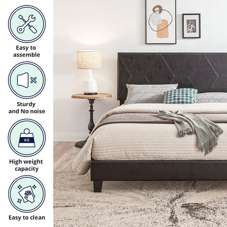 Queen Size Upholstered Platform Bed Frame Wood Slat Support Easy Assembly Black pu - V.I.P Digital Presence
