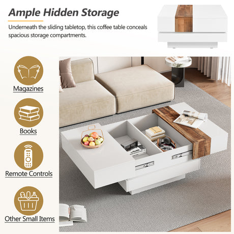 ON-TRANS 31.4 inches x 31.4 inches with sliding tabletop, high gloss center table, hidden storage room white - V.I.P Digital Presence