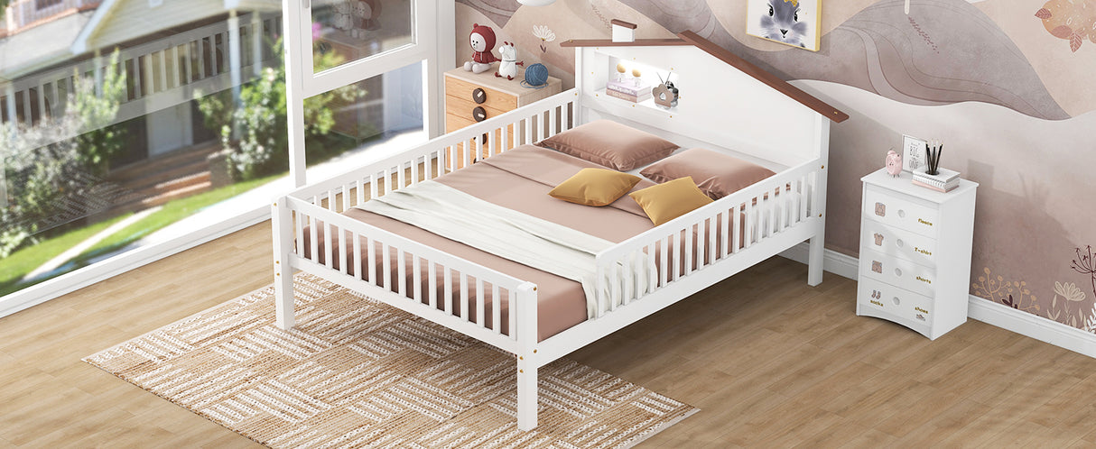 Full Size Wood Platform Bed with House-shaped Headboard, LED and Built-in Storage, White - V.I.P Digital Presence