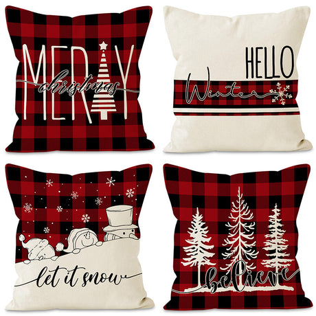 Christmas Pillowcase Linen Red Black Checkered Letter Printed Pillow Cover Holiday Living Room Decoration - V.I.P Digital Presence