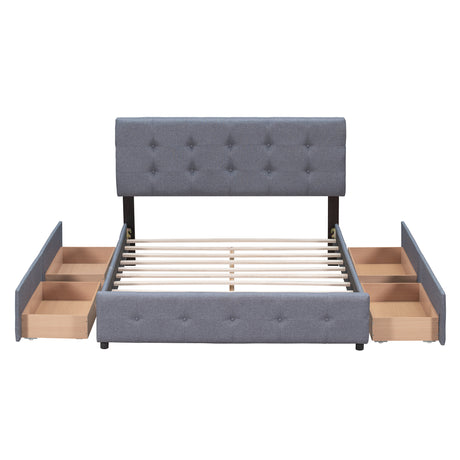 Upholstered Platform Bed with Classic Headboard and 4 Drawers No Box Spring Needed Linen Fabric Queen Size Dark gray - V.I.P Digital Presence