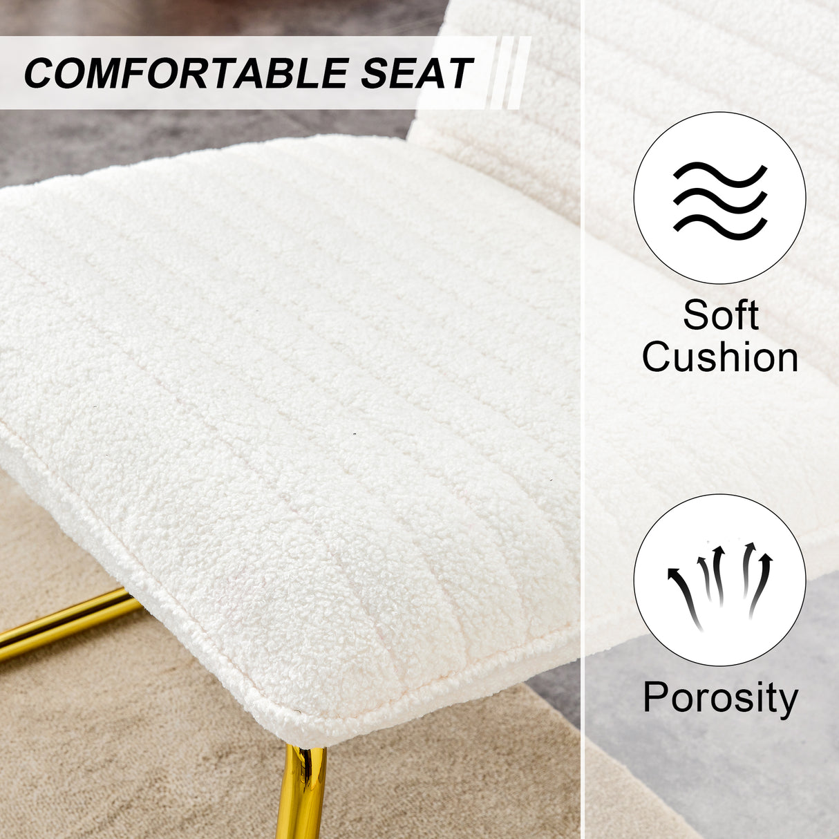 One White minimalist armless sofa chair with plush cushion and backrest paired with golden metal legs