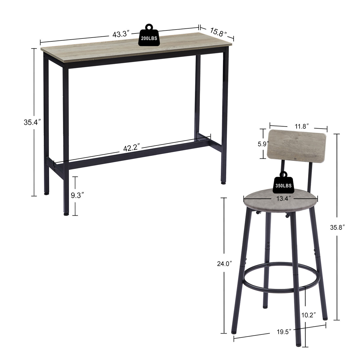 Bar Table Set with 2 Bar stools PU Soft seat with backrest Grey 43.31'' L x 15.75'' W x 35.43'' H