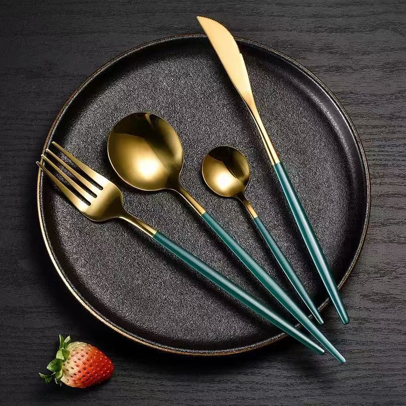 Stainless Steel Cutlery Set with Portuguese Gold Spray Painted Steak Knife, Fork, Spoon, and Tea Spoon 4-Piece Gift Pack - V.I.P Digital Presence