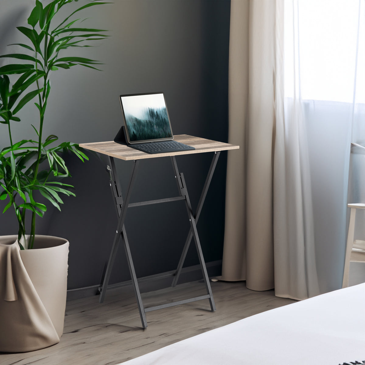 2-piece folding TV tray table without assembly, portable sofa side table, brown and black - V.I.P Digital Presence