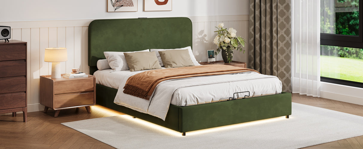 Large hydraulic storage bed with soft cushion lifting storage bed with RGB LED lights, Bluetooth speaker lychee velvet, green - V.I.P Digital Presence