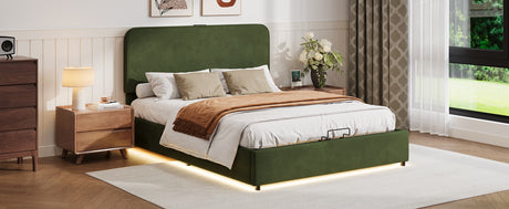 Large hydraulic storage bed with soft cushion lifting storage bed with RGB LED lights, Bluetooth speaker lychee velvet, green - V.I.P Digital Presence