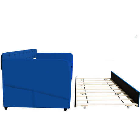 Blue padded twin beds with wheels, velvet fabric, no need for springs - V.I.P Digital Presence